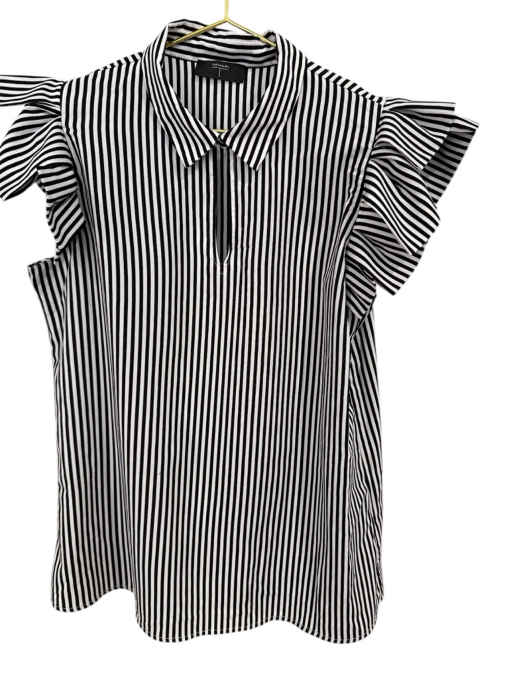 Tahari Striped Ruffle Sleeve V-Neck Top - Black/White
